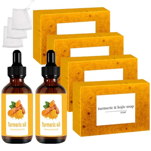 Turmeric Soap & Essential Oil Set 6 Counts Turmeric Soap and Essential Oils with Soap Bag Turmeric Oil Premium Essential Oil Set for Face & Body Turmeric Lemon Soap Bar